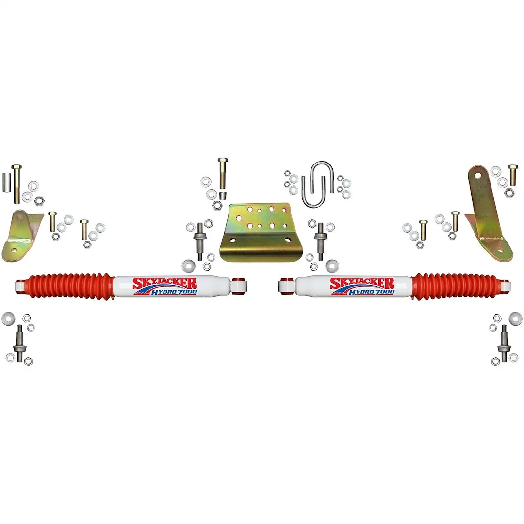 7213 – SKYJACKER Steering Stabilizer, Dual White Stabilizers With Mounting Brackets/ Red Boots/ Installation Hardware...